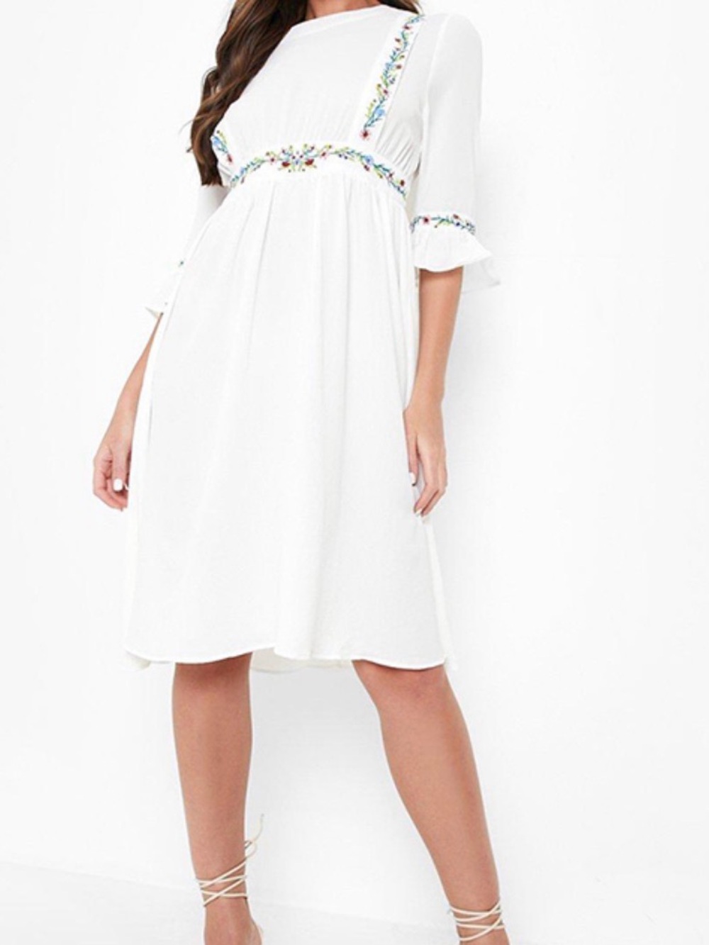 Boohoo White Midi Dress with Multicolor Floral Trim
